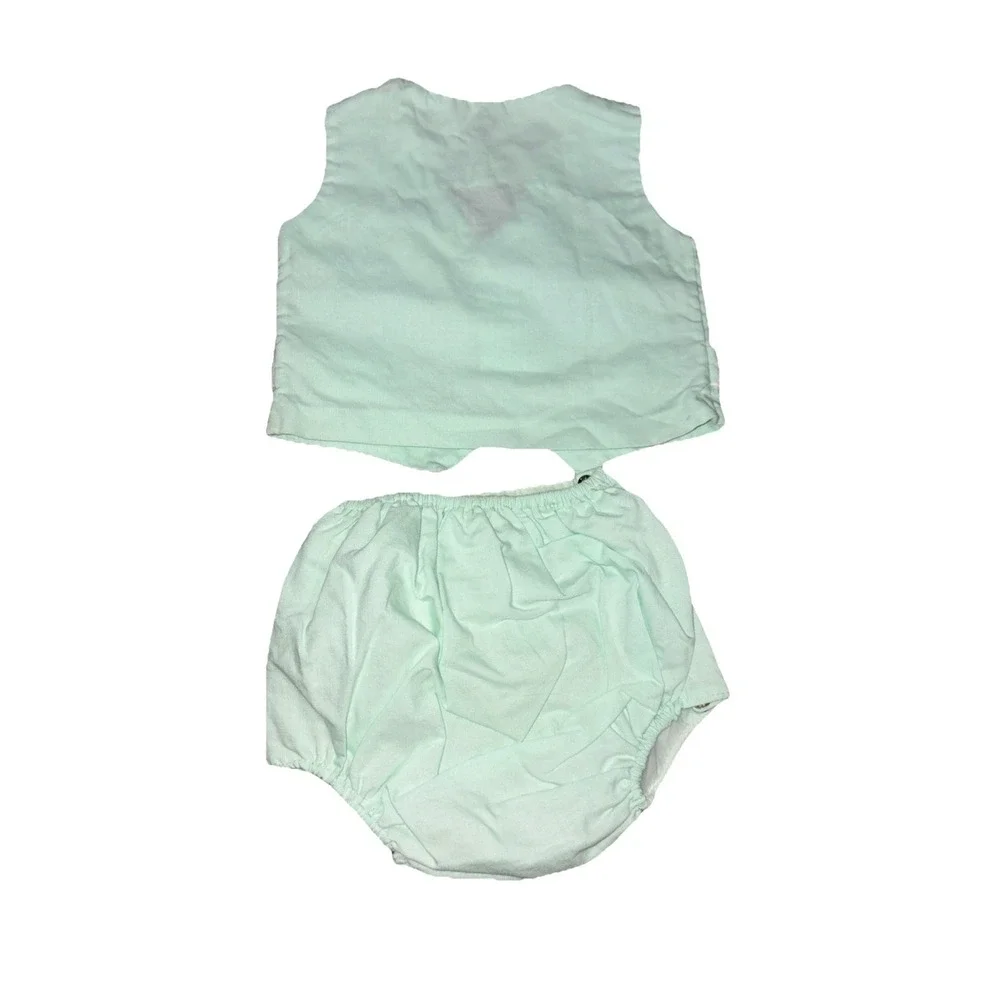 Vtg 1970s Baby Boy 2 Piece Vest and Diaper Cover Set Pastel Sage Green‎ Bear
